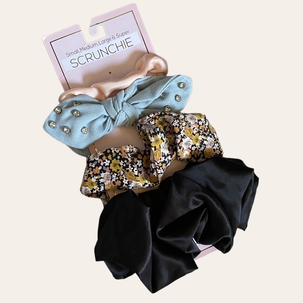 🌺 Boho Floral Satin Scrunchie Set Rhinestone Bow Oversized Hair Accessories NWT